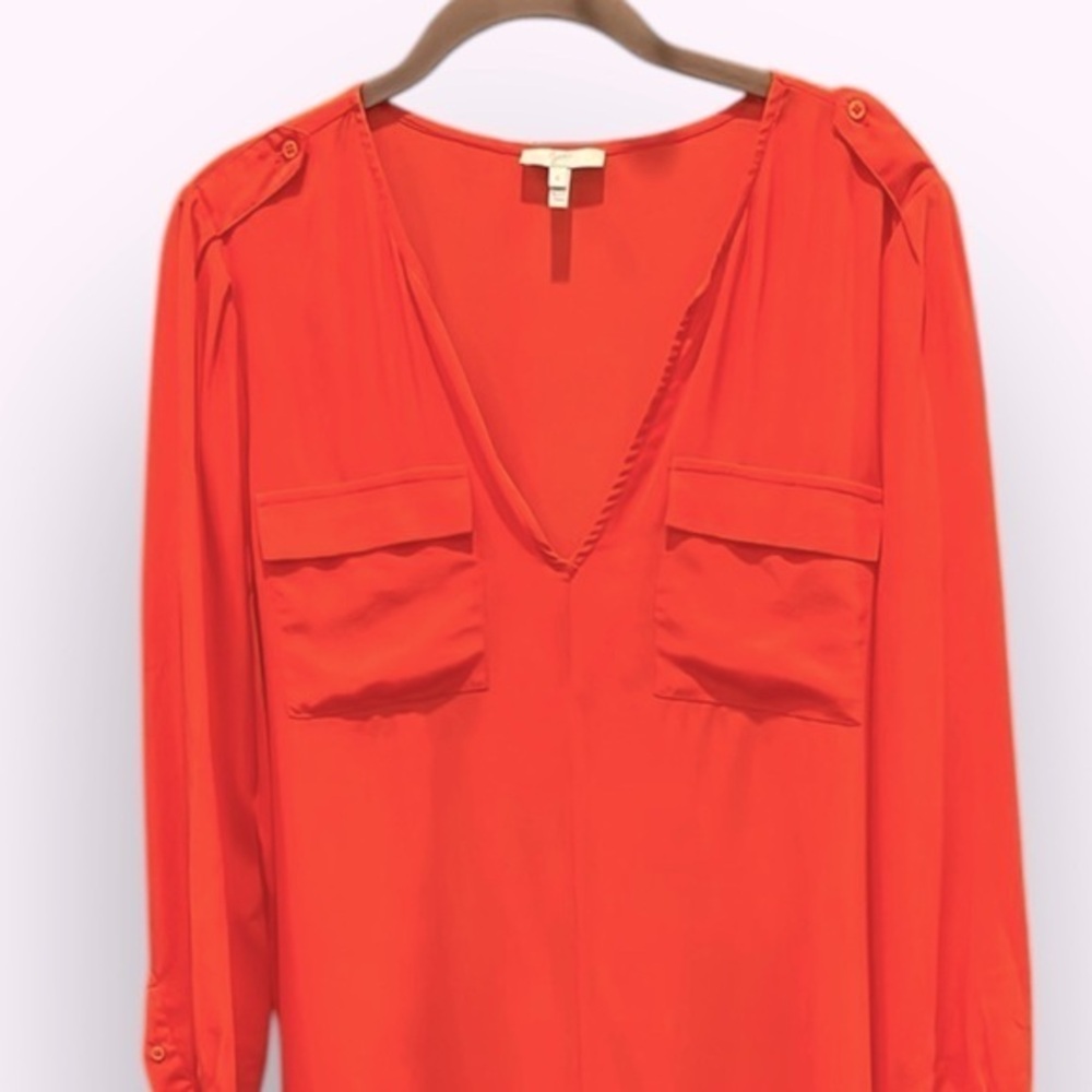 🥑Joie Orange Red Silk Blouse | Large Deep V Chest Pockets | Quiet Luxury Resort
